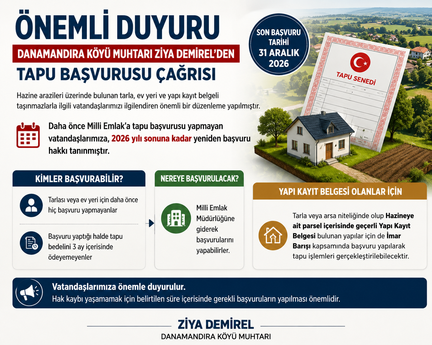 Danamandıra Muhtarı Ziya Demirel’den Tapu Başvurusu Duyurusu