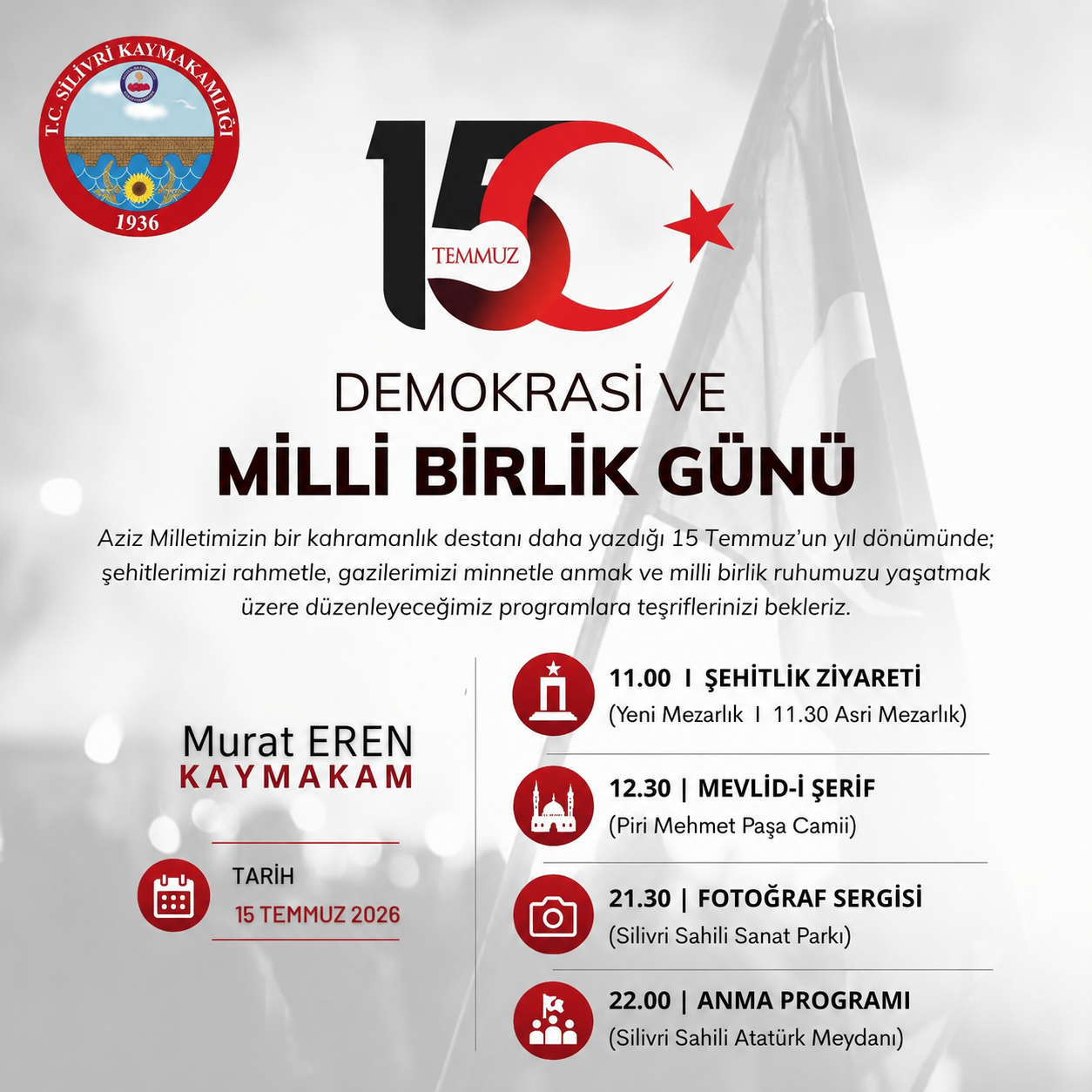 Silivri'de 15 Temmuz Demokrasi ve Milli Birlik Günü Programı Açıklandı